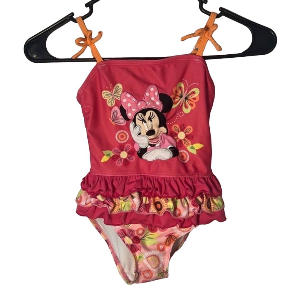 Disney Minnie Mouse butterflies pink one piece swimsuit sz 4 ruffle skirt